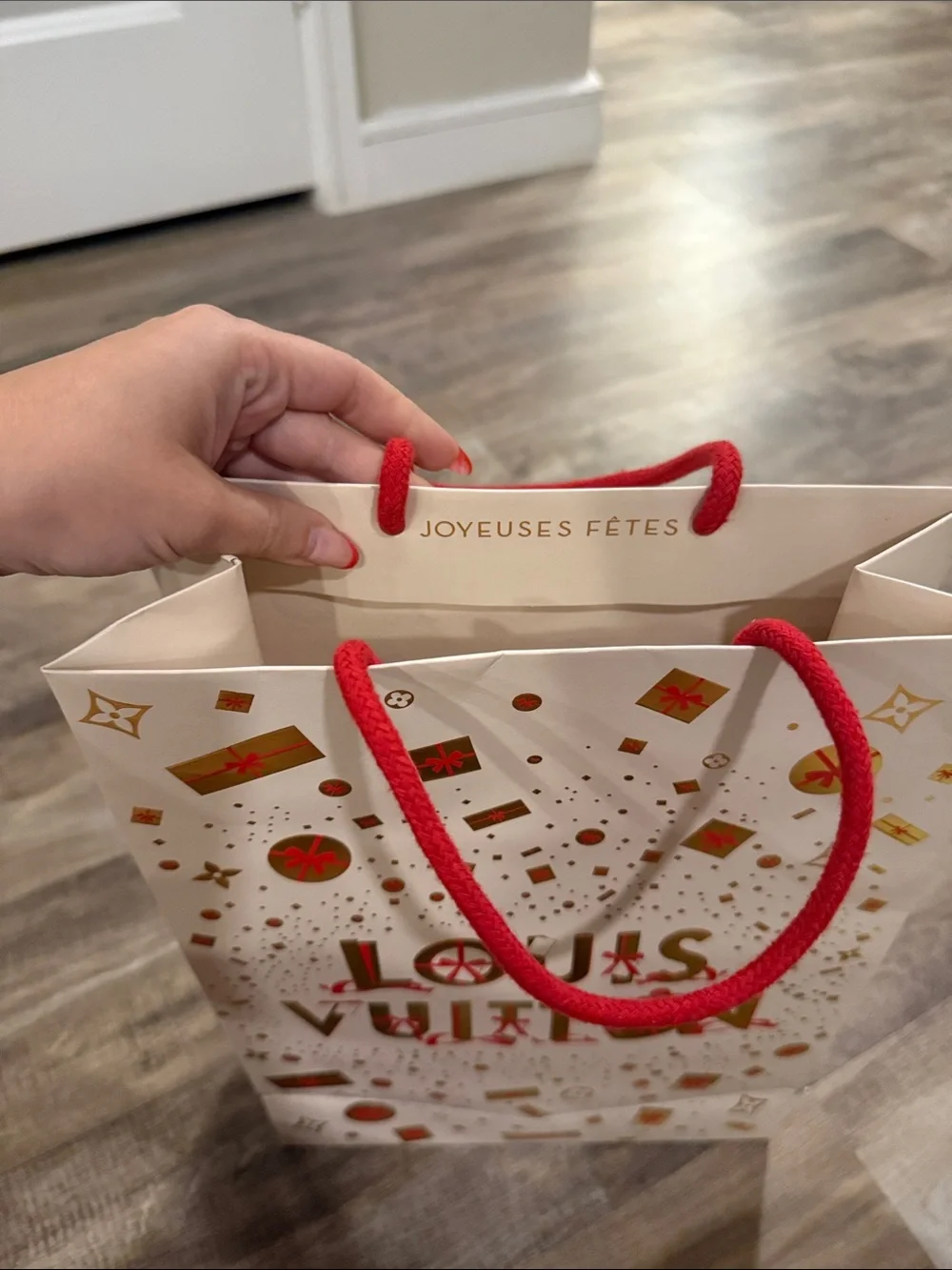 Louis Vuitton White Gift Bag with Gold Foil and Red Handles
